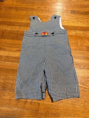 Vintage Gingham Check black  & White Kids Overalls with Car Accent